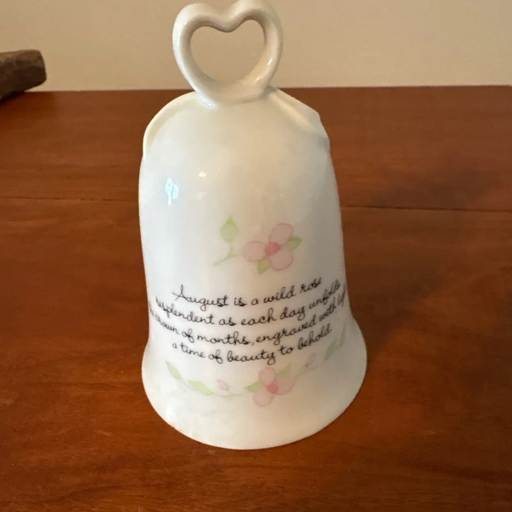 Precious Moments August Porcelain Bell Heart Handle Vintage Monthly Bell 4”